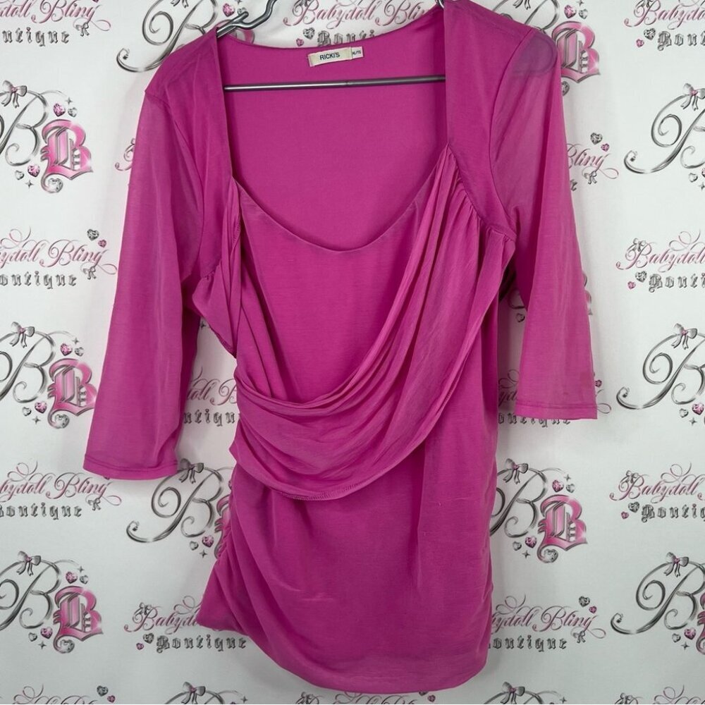 Ricki's top swoop slinky style mesh arms Vibrant Pink Drape Blouse